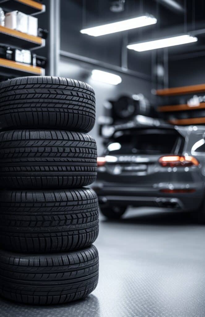 Stacked Tires and SUV in Auto Service Garage